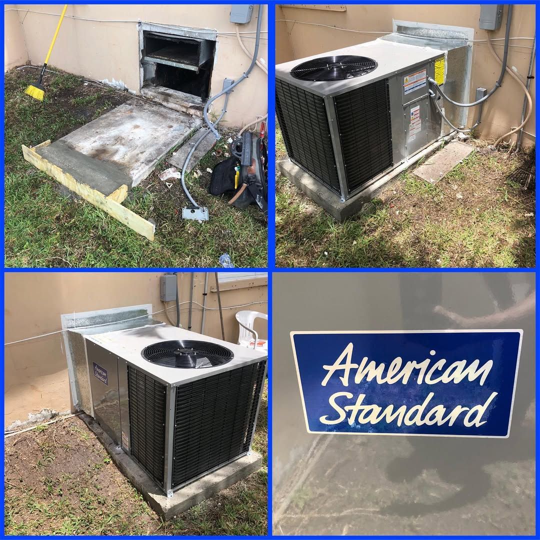 Old wall opening and pad replaced with a new American Standard packaged unit, with the brand plate