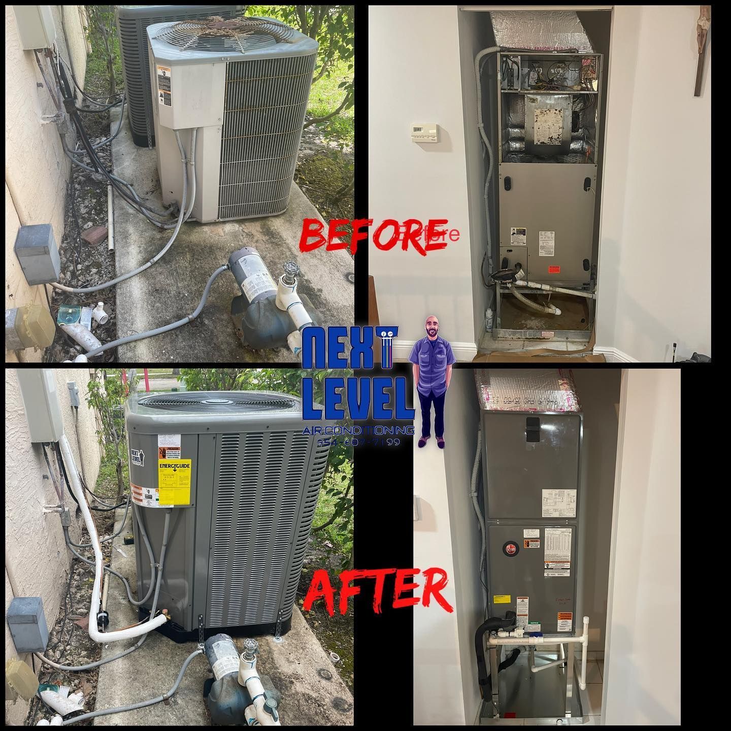 Before and after of a full system changeout, the old condenser and air handler beside the new pair