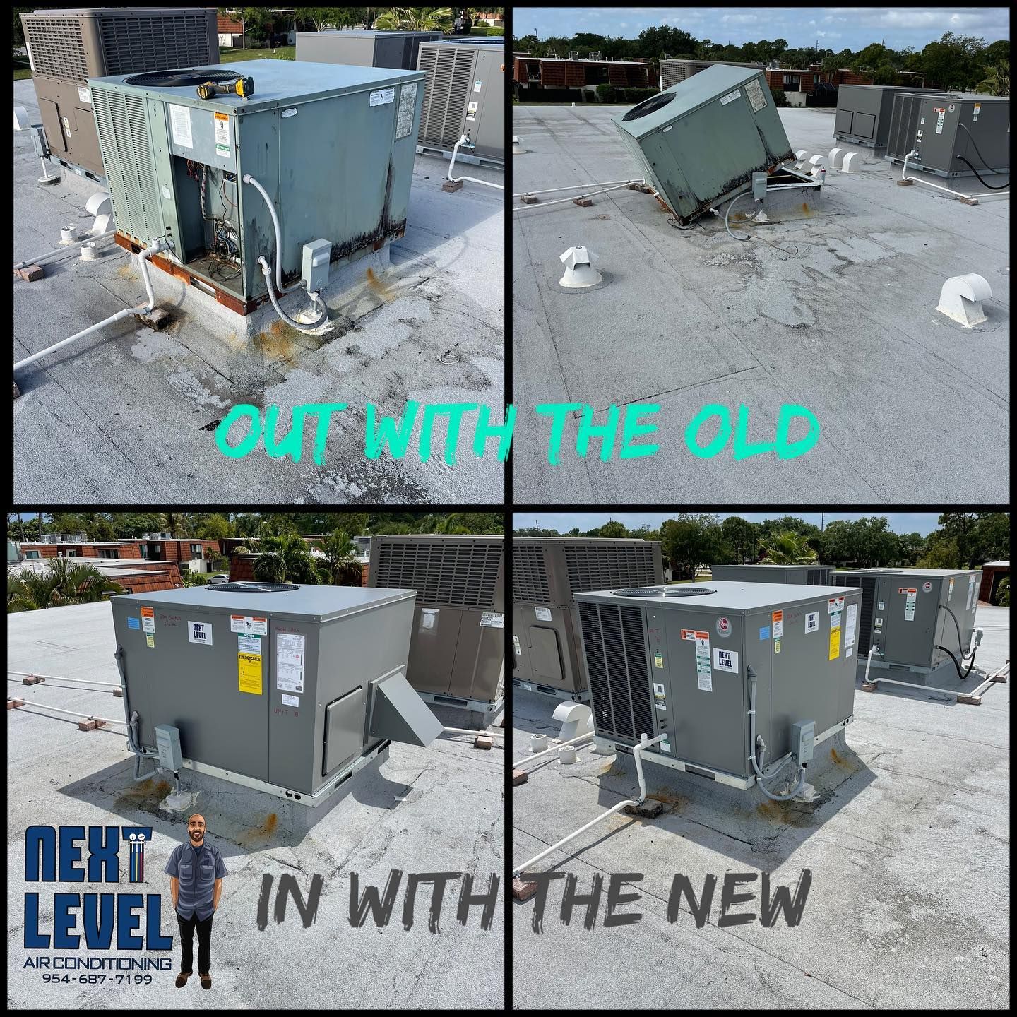 Rooftop package unit replacement, the old unit lifted off and the new one set on the same curb